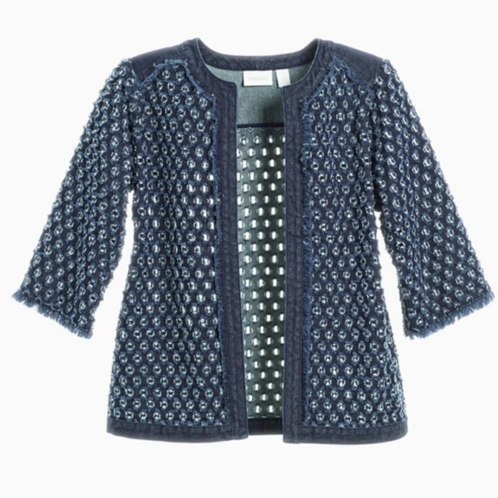 Chico's Open Front Denim Perforated Jacket Sz M